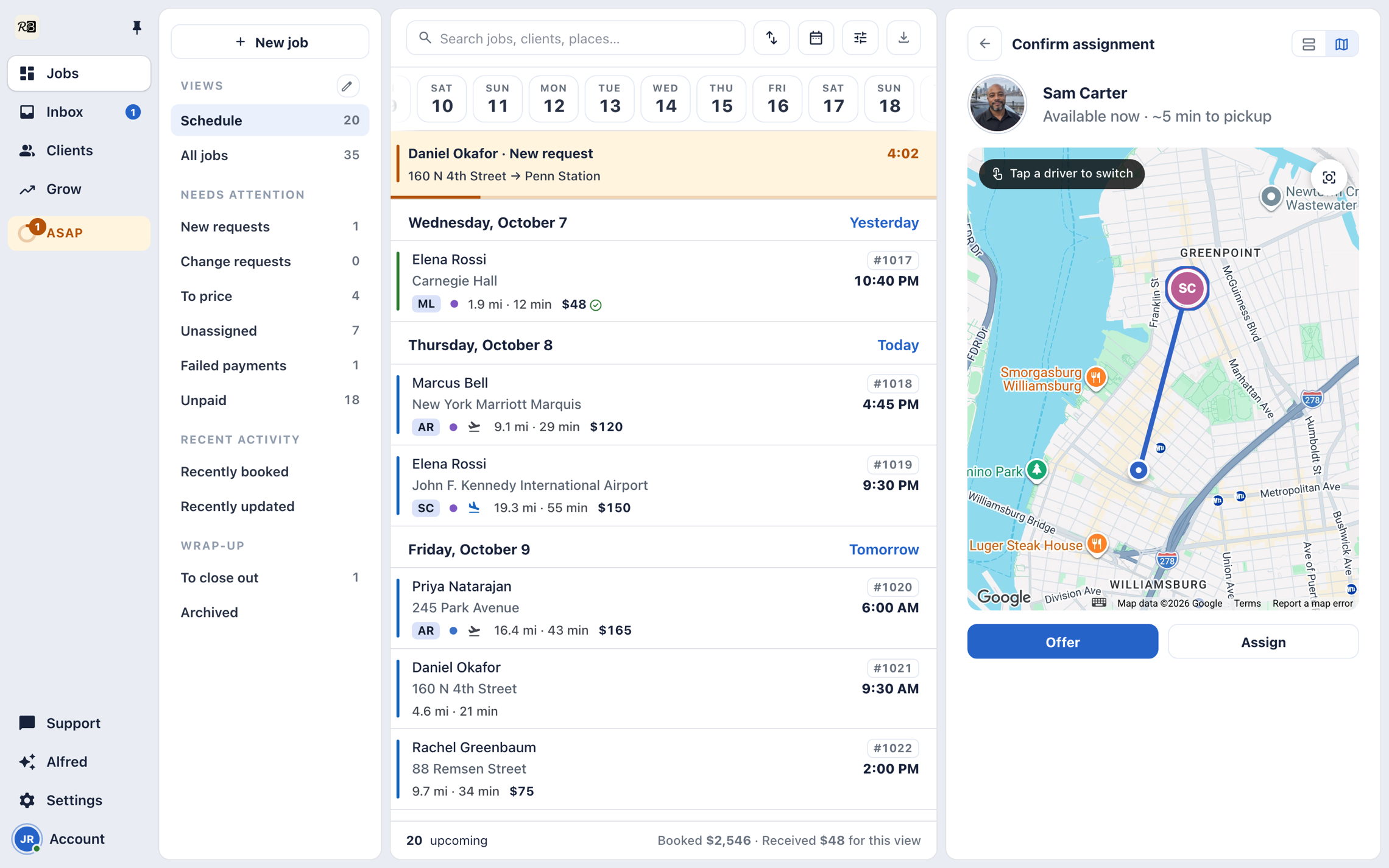 Confirming an on-demand request in the Console: the driver picked, available now, five minutes from the pickup on the map