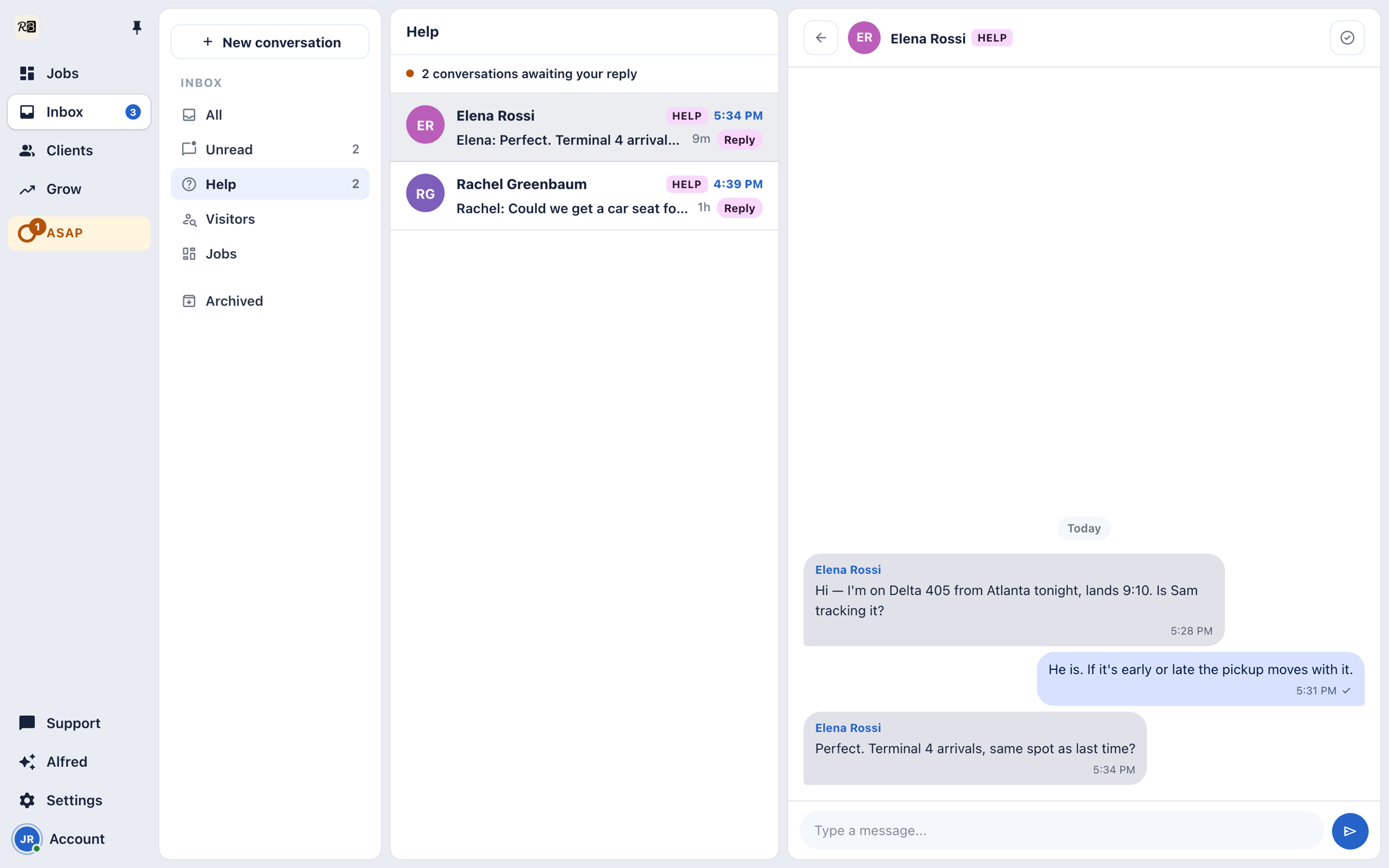 The Console's Inbox: the Help queue with two conversations awaiting a reply and one thread open