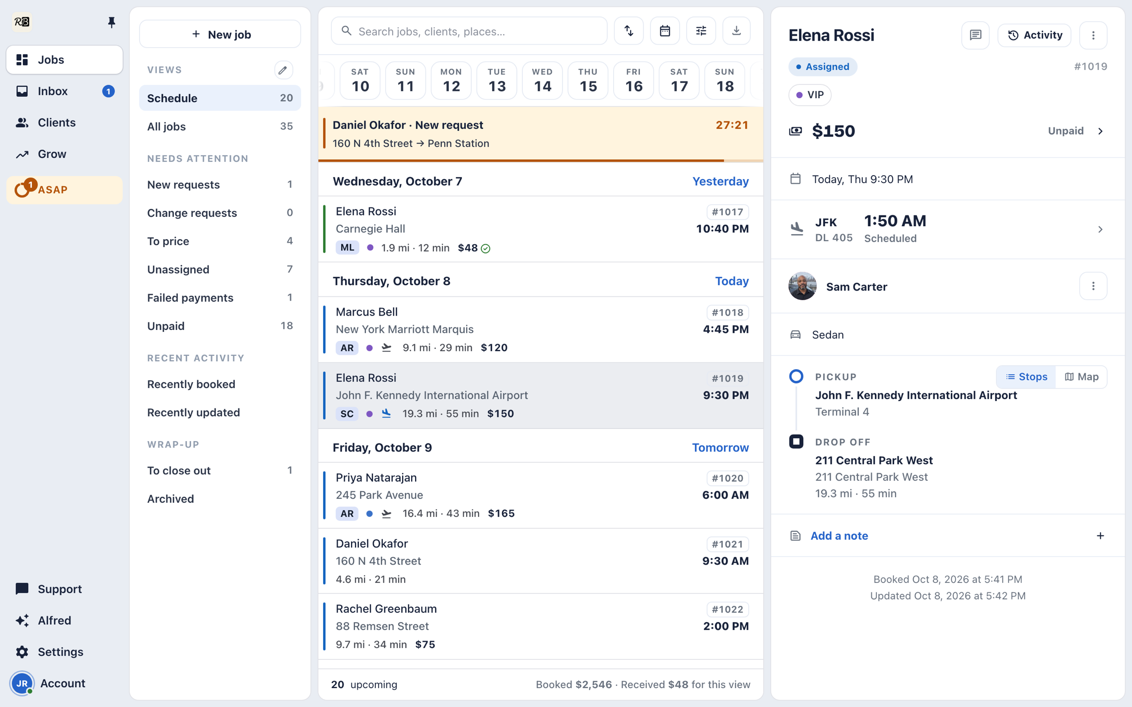 The Console's Jobs workspace: the schedule grouped by day with one trip open in the pane — its client, driver, price and route