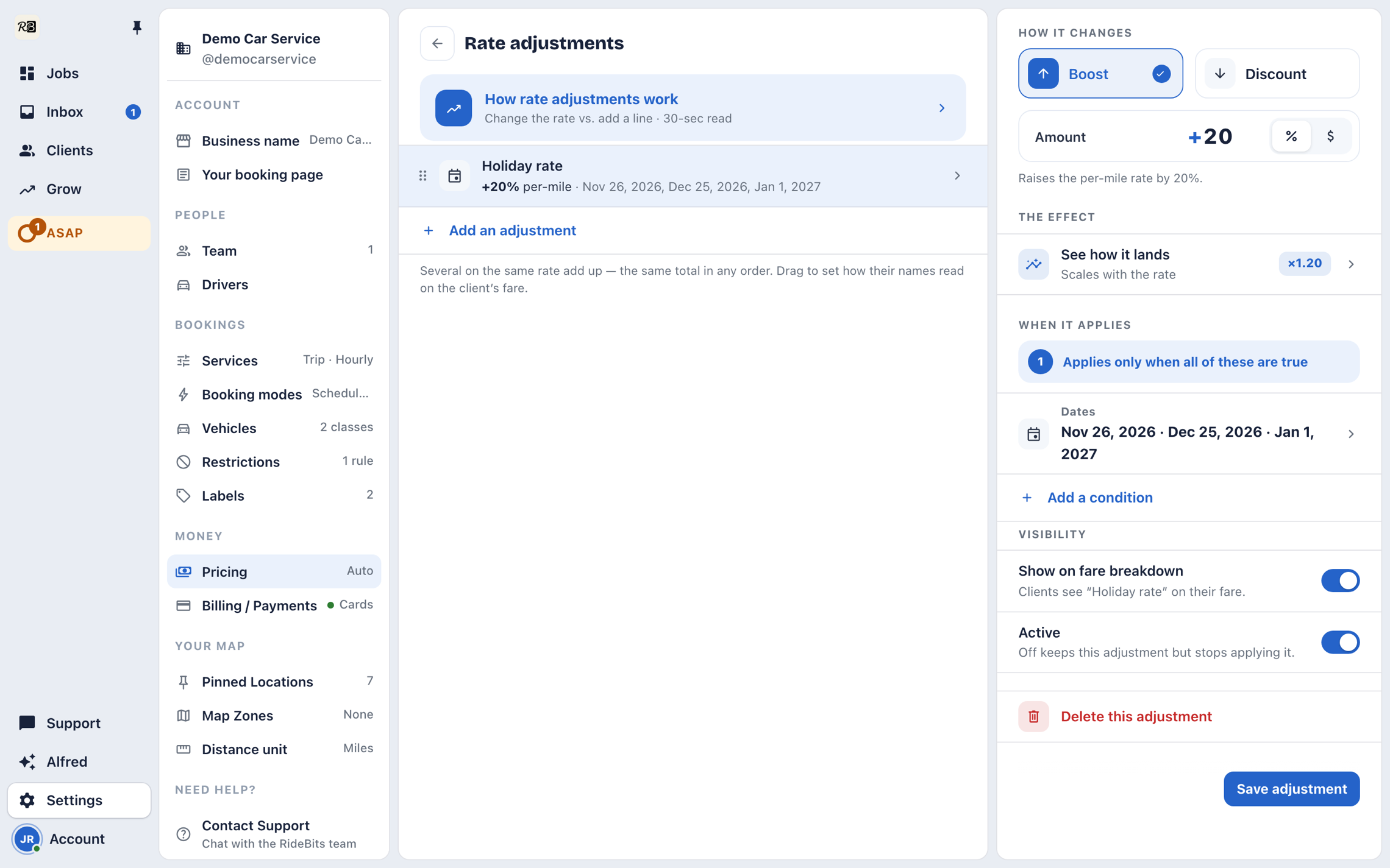 Pricing settings in the Console: the rate adjustments list and a Holiday rate whose Dates condition lists three holidays